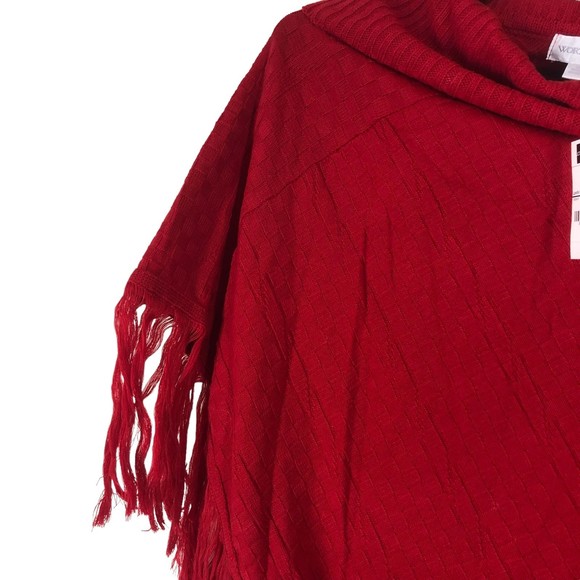 Lipstick Red Basketweave Knit Poncho Sweater w/Chunky Fringe, Cowl Neck sz OS - Picture 4 of 7